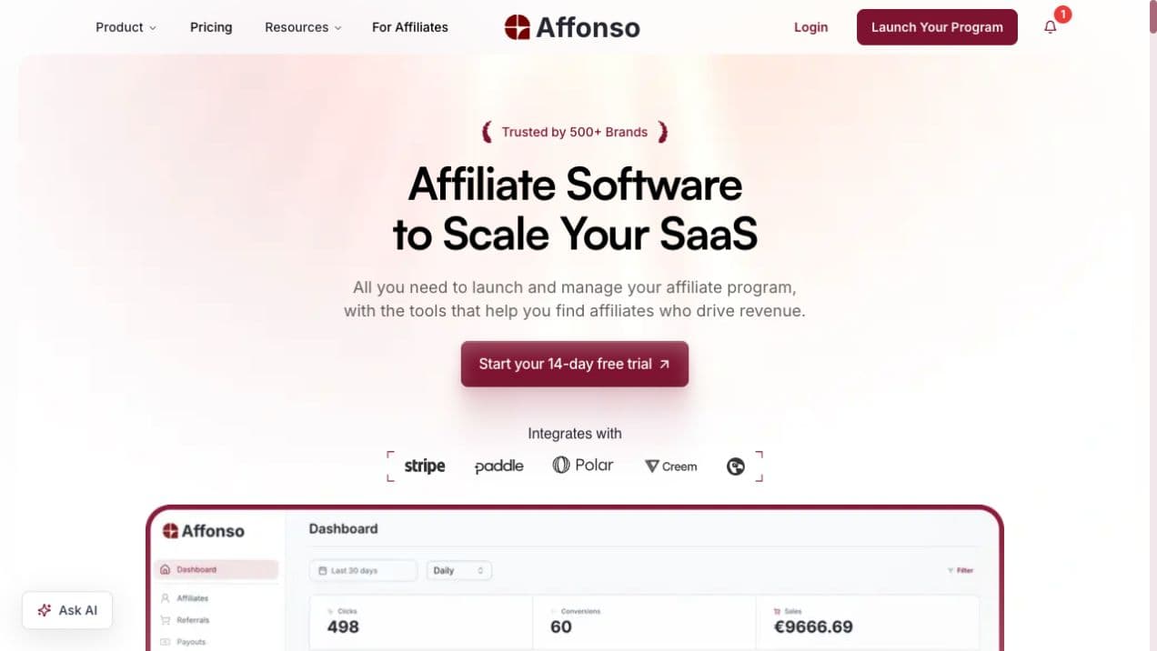 Affonso public product page showing its SaaS affiliate software positioning