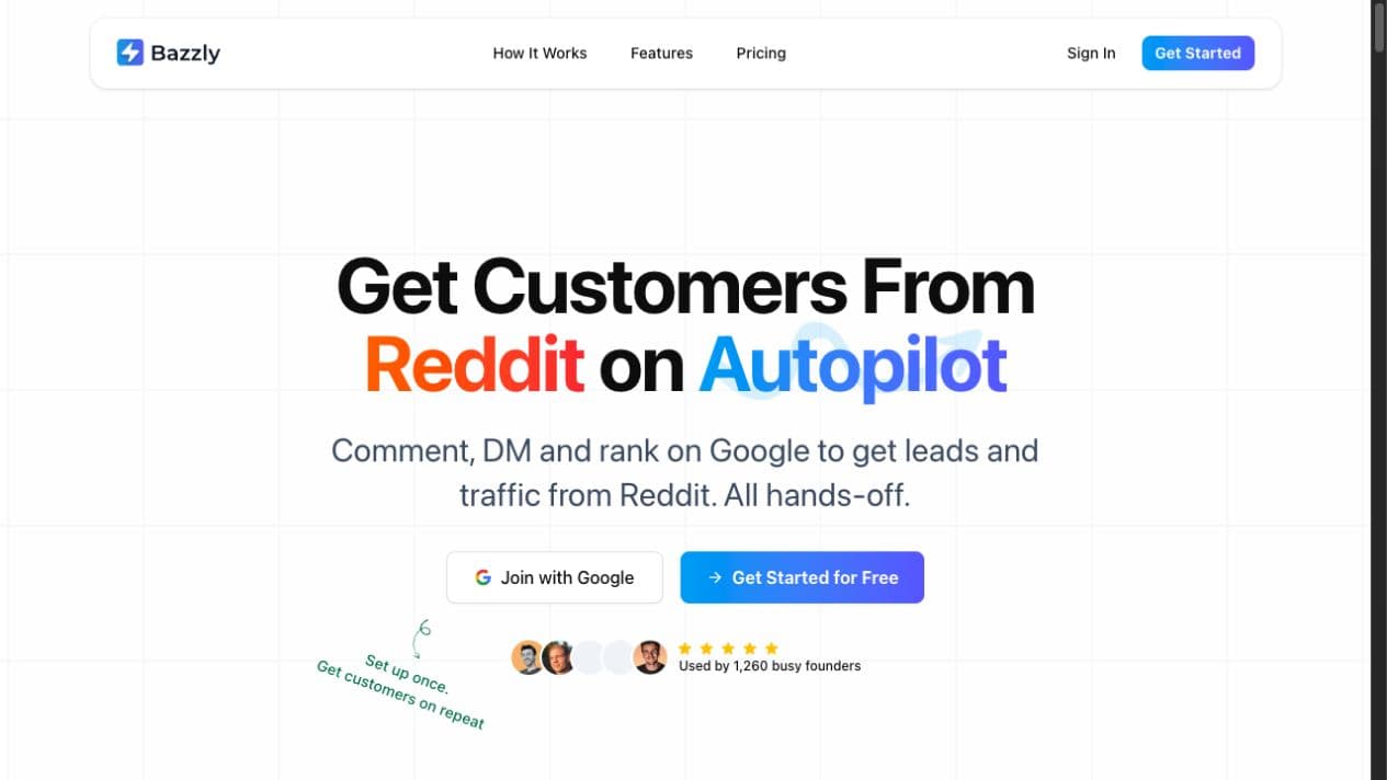 Bazzly public product page showing its Reddit customer acquisition positioning