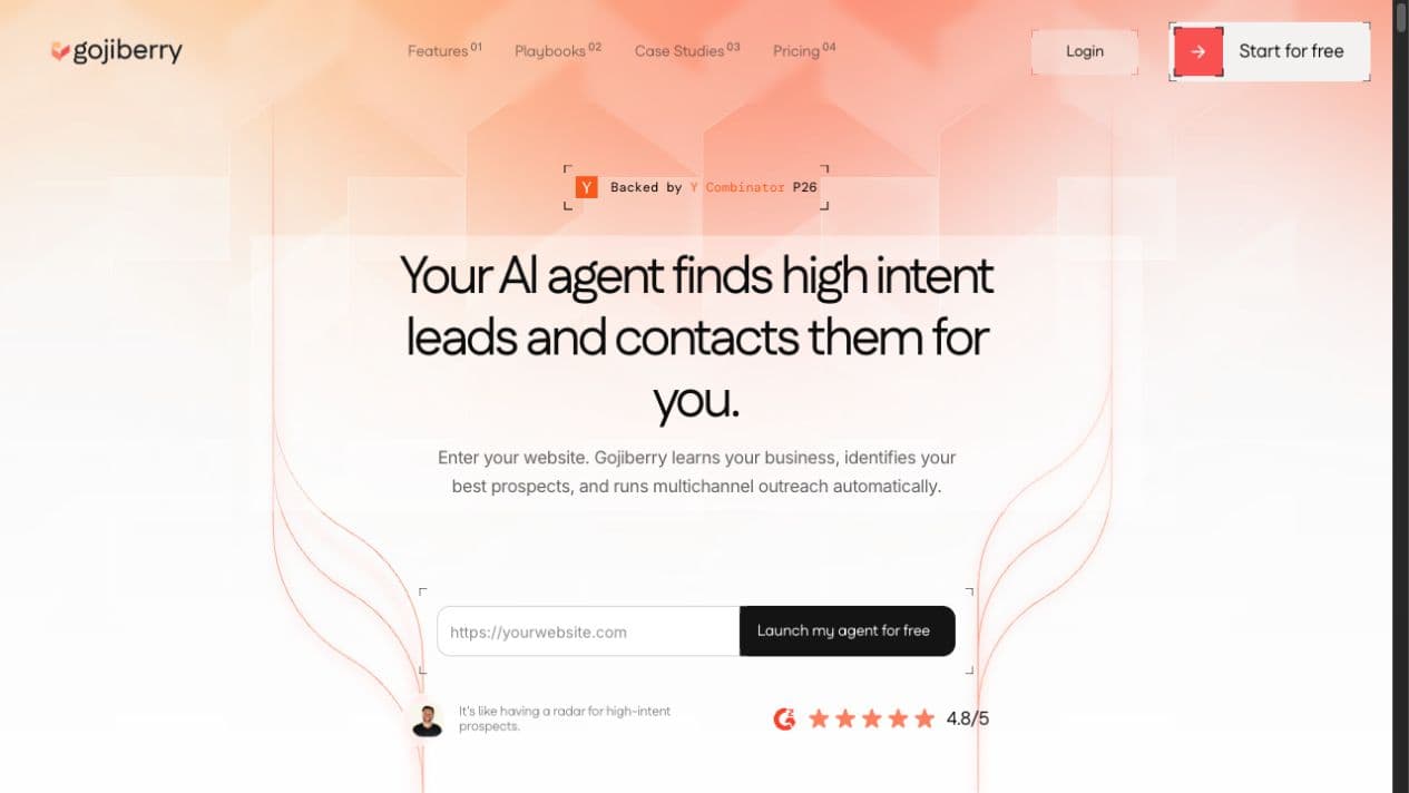 Gojiberry public product page showing its AI lead discovery and outreach positioning
