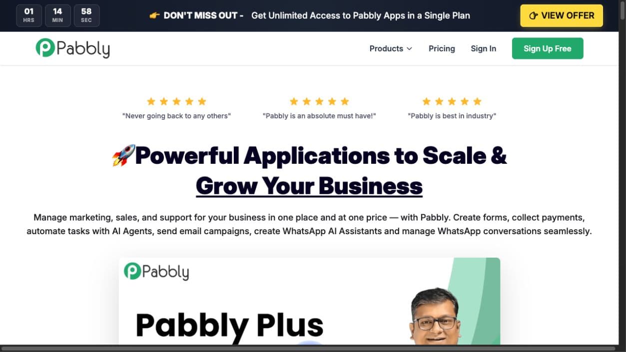 Pabbly public product page showing its business software suite and pricing navigation