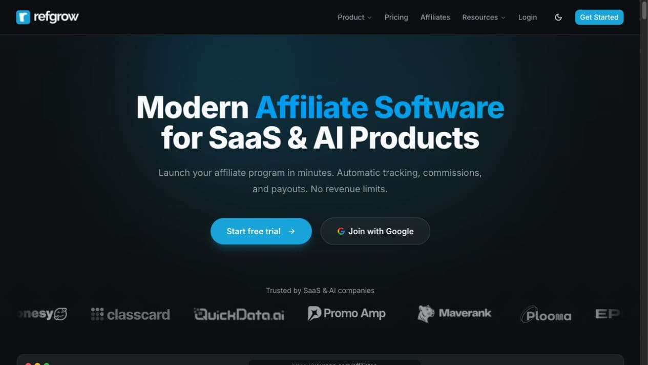 Refgrow public product page showing its affiliate software for SaaS and AI products