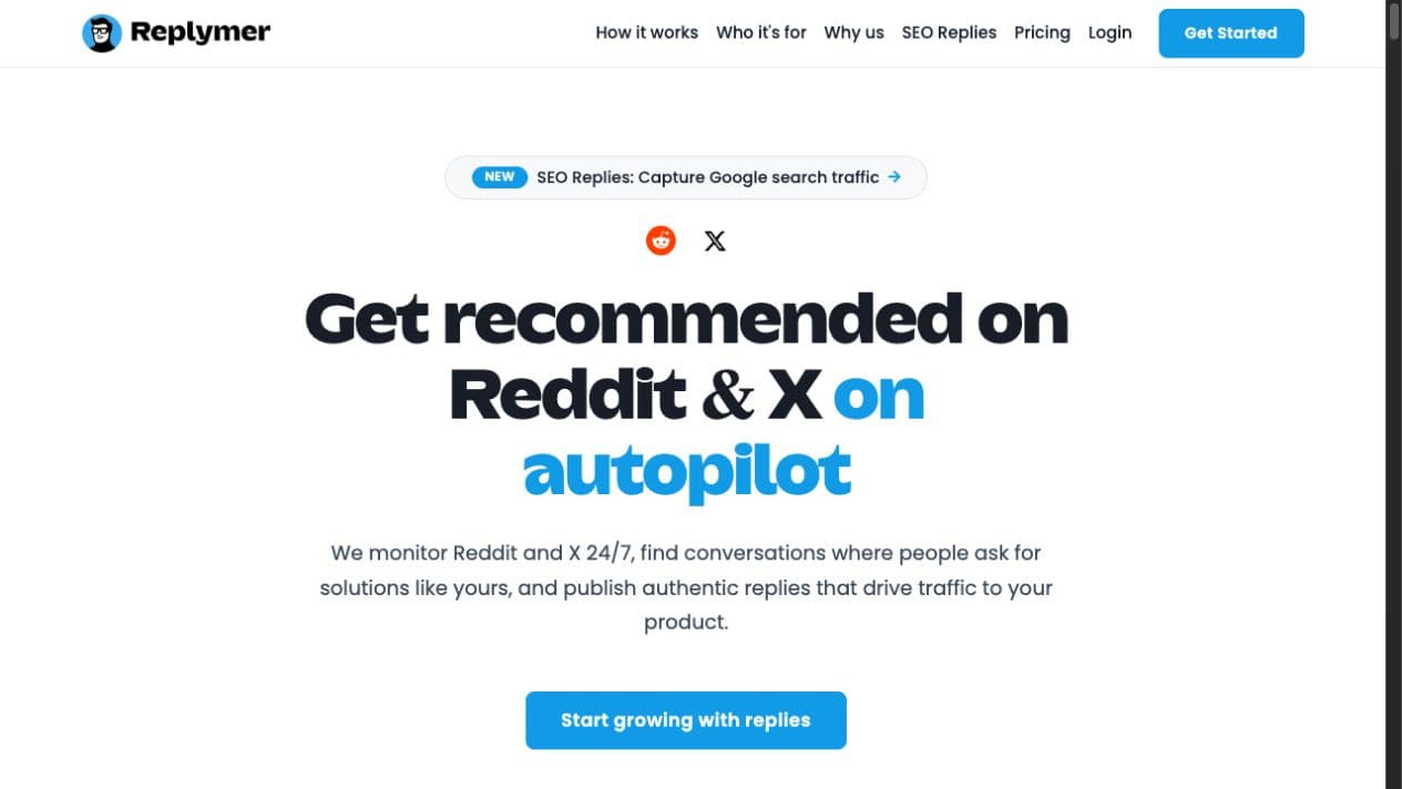 Replymer public product page showing its Reddit and X reply service positioning