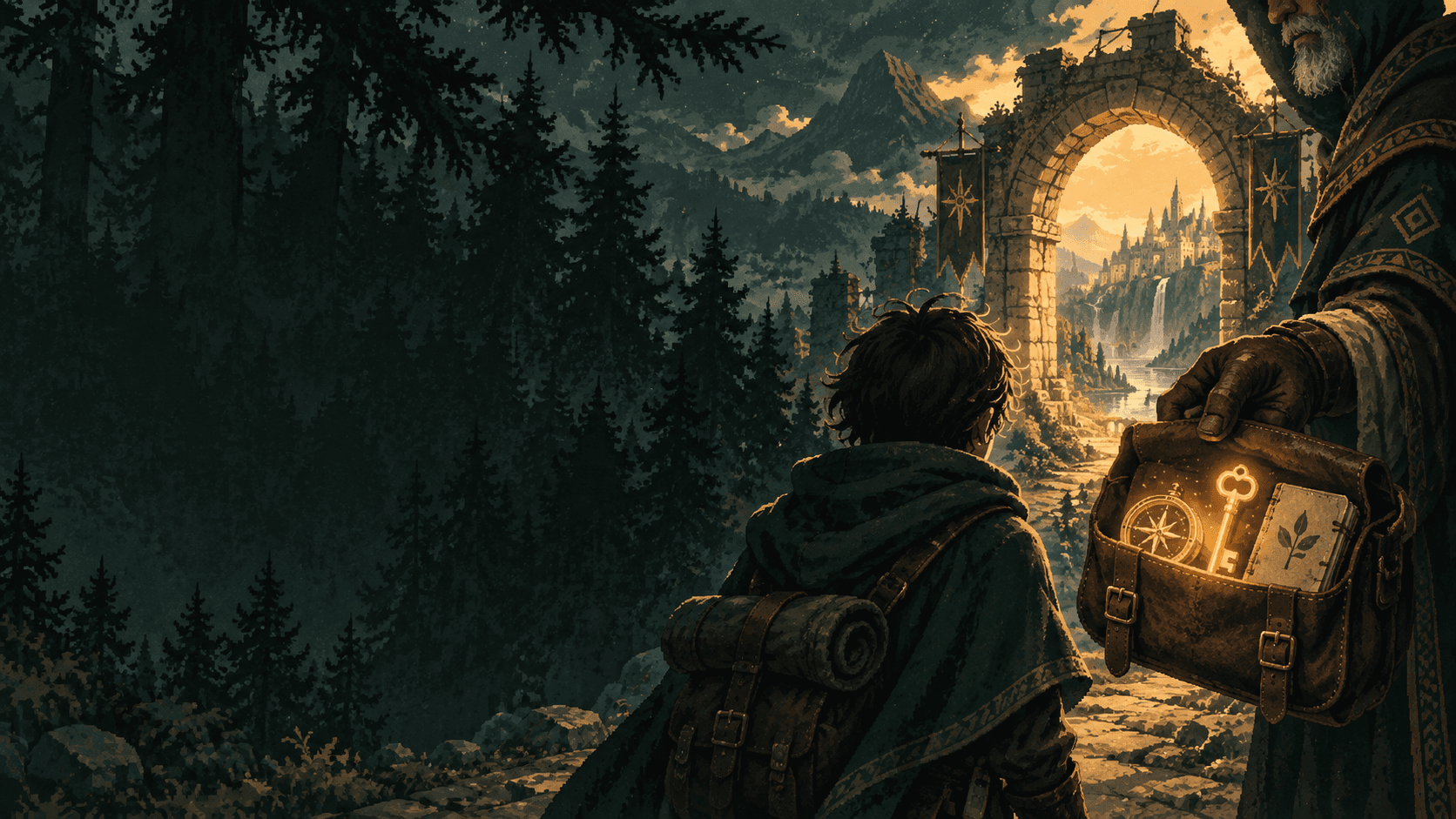 A traveler receiving a pack of useful equipment before setting out toward a sunlit city
