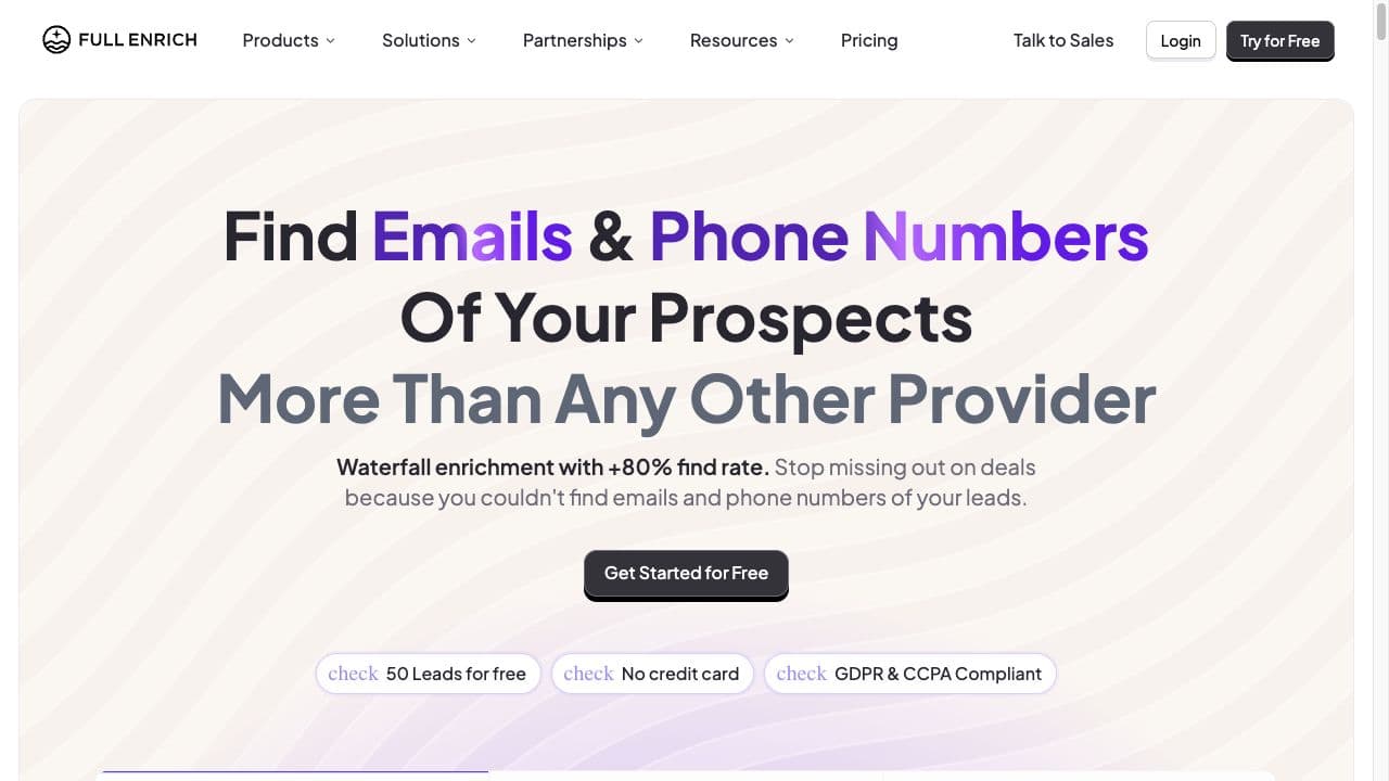 FullEnrich public product page showing its email and phone waterfall enrichment positioning