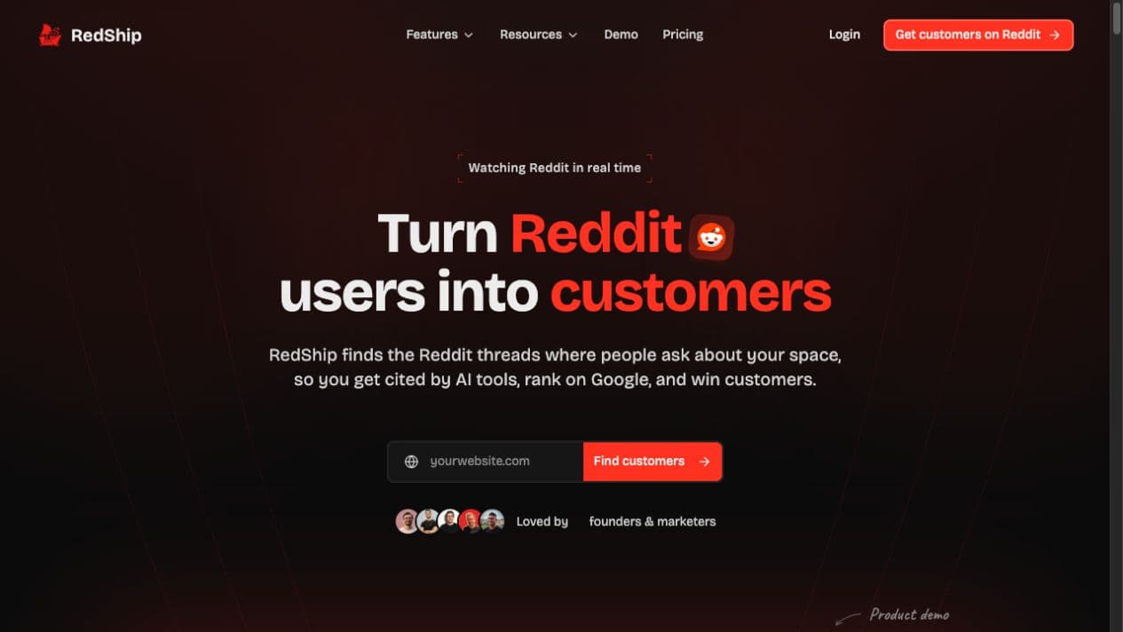 RedShip public product page showing its Reddit monitoring and customer acquisition positioning