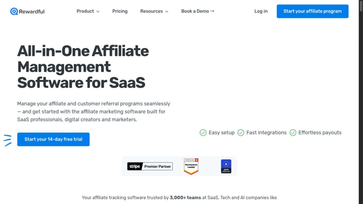 Rewardful public product page showing its affiliate management software positioning